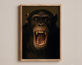 Yelling Chimpanzee Art Print, Close-Up Open Mouth Primate Poster, Fierce Monkey Wall Decor, Dynamic Wildlife Art