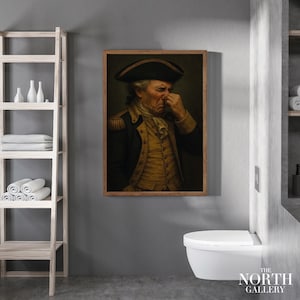 Grappige koloniale admiraal badkamerkunstprint – historisch portret muurdecor met uitvergroot gezicht – grappig cadeau