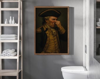 May include: A framed portrait of a man in a colonial-era uniform, holding his nose in apparent disgust. The artwork is displayed in a modern bathroom setting, with a white toilet and wooden shelving unit. The North Gallery logo is visible.
