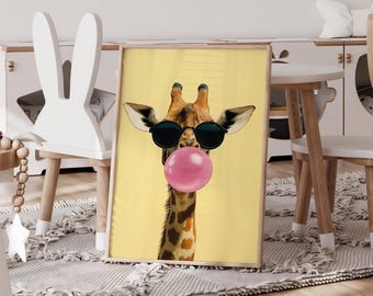 Funny Giraffe Print: Bubblegum Sunglasses Animal Art - Whimsical Kids Decor