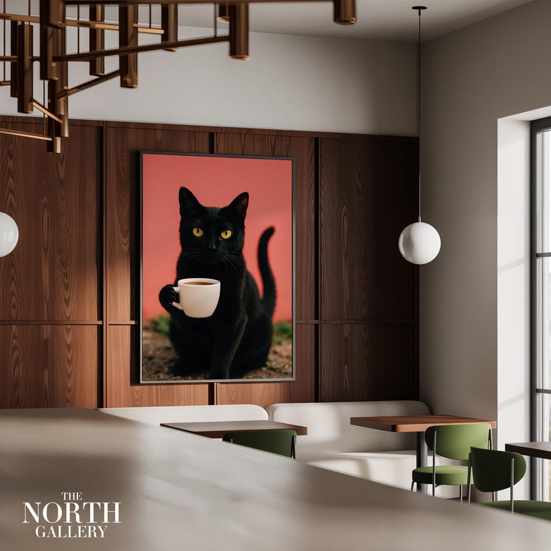 Funny Black Cat Coffee Print – Whimsical Pink Kitchen Art - Etsy