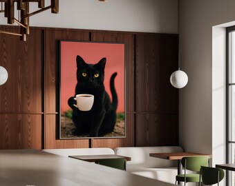 Zabawny nadruk z czarnym kotem i kawą – Fantazyjna różowa sztuka kuchenna