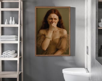 Funny Victorian Woman Holding Nose Bathroom Poster – Elegant Vintage Style Toilet Humor Wall Art – Quirky Bathroom Gift Print
