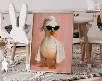 Cool Duck Art Print: Funny Animal with Sunglasses, Bathroom Bar Decor