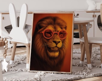 Cool Lion With Sunglasses Print, Funny Animal Art, Hipster Lion