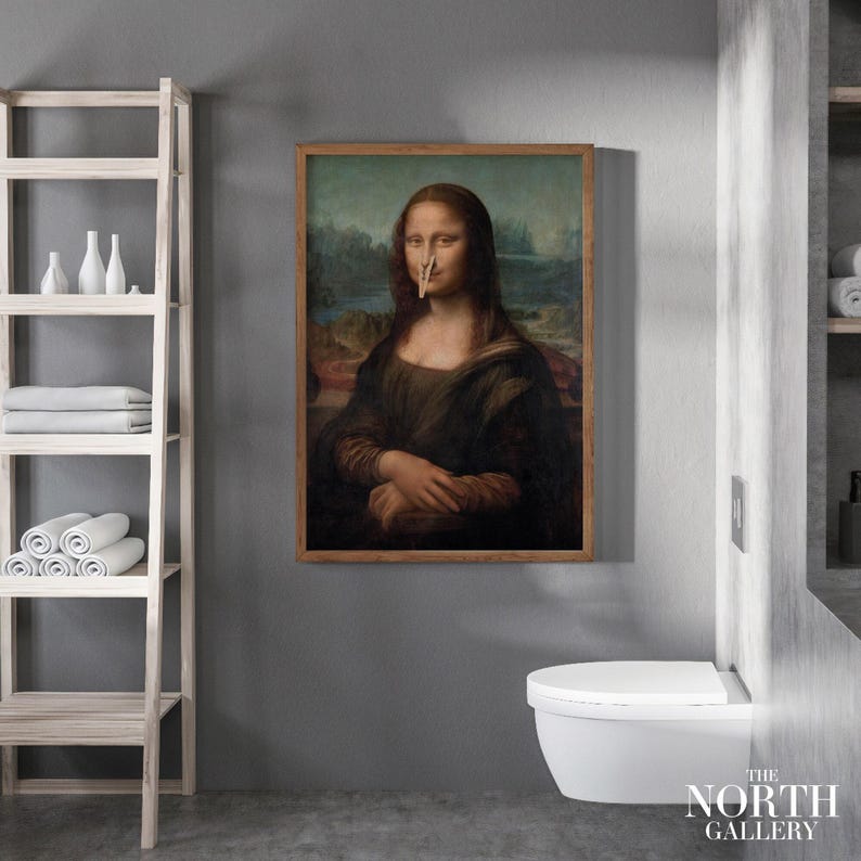 Funny Bathroom Wall Art, Toilet Humour Gift for Artist, Funny Bathroom Print Art, Mona Lisa Clothespin, Womans Bathroom Humor, Restroom Gift image 1