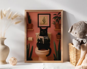 Funny Black Cat Bathroom Print – Reading Magazine, Quirky Toilet Decor