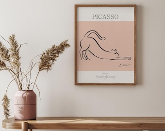 Picasso Cat Line Art Poster, Mid Century Modern Wall Decor