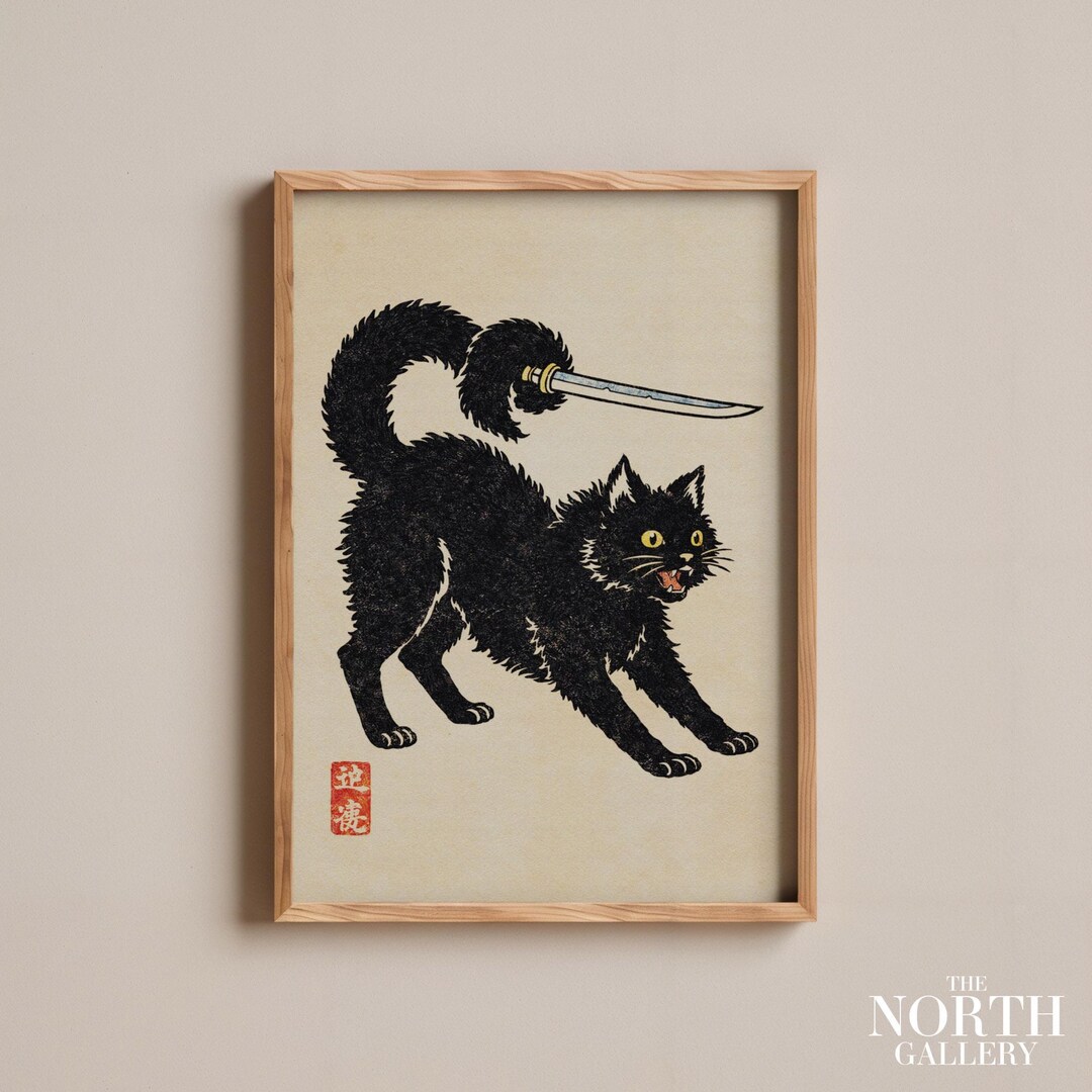 Samurai Cat Poster, Japanese Black Cat Art, Ukiyo-e Style Wall Print - Etsy