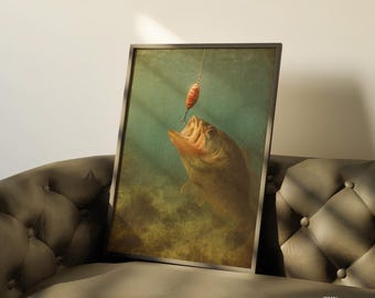 Arte de parede de pesca vintage – pôster retrô de robalo com isca – decoração rústica de pescador para casa de campo no lago ou caverna do homem
