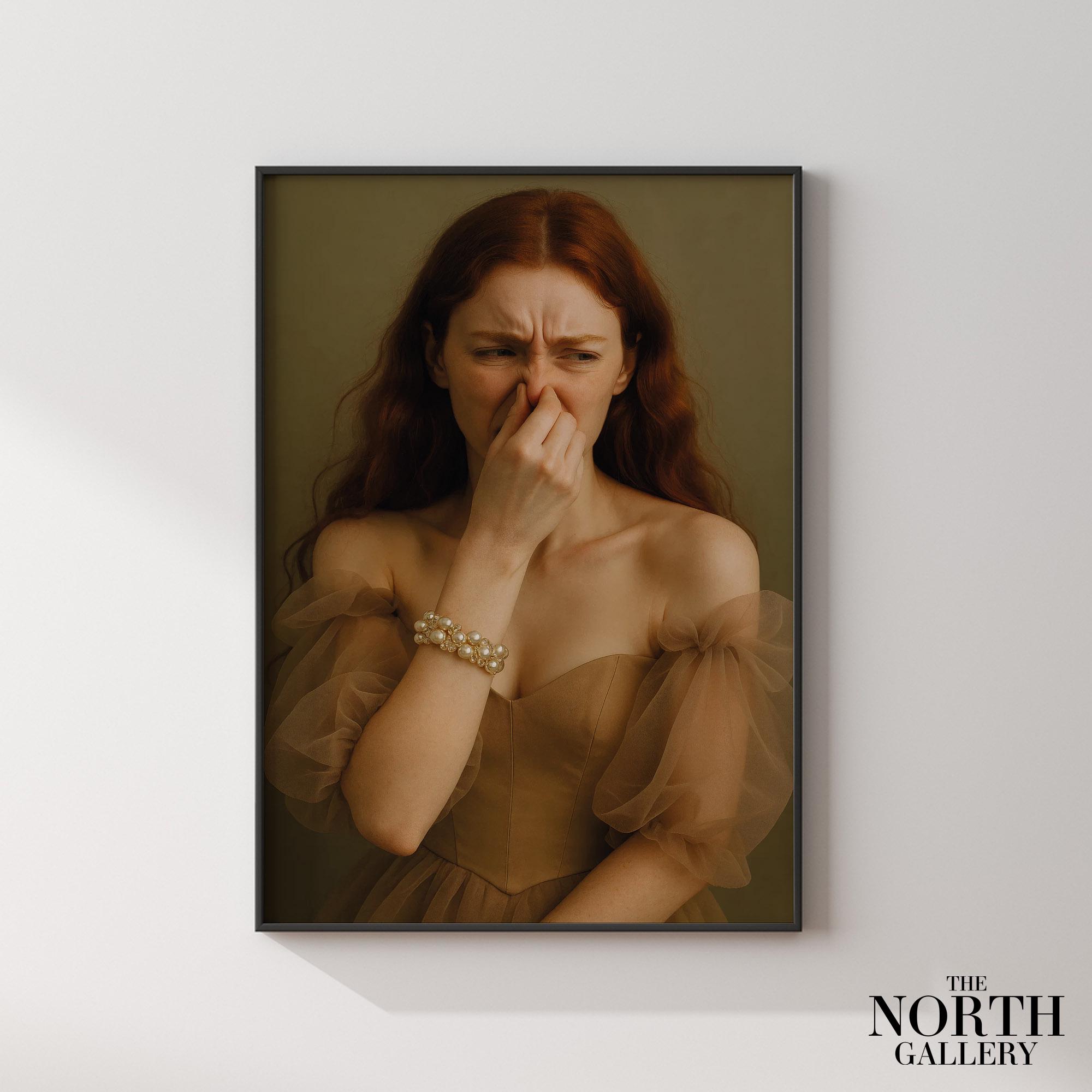 Funny Victorian Woman Holding Nose Bathroom Poster – Elegant Vintage Style Toilet Humor Wall Art – Quirky Bathroom Gift Print