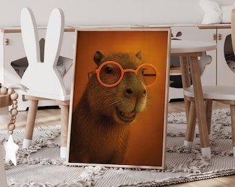 Impression capybara drôle avec des lunettes oranges, art rétro de rongeur