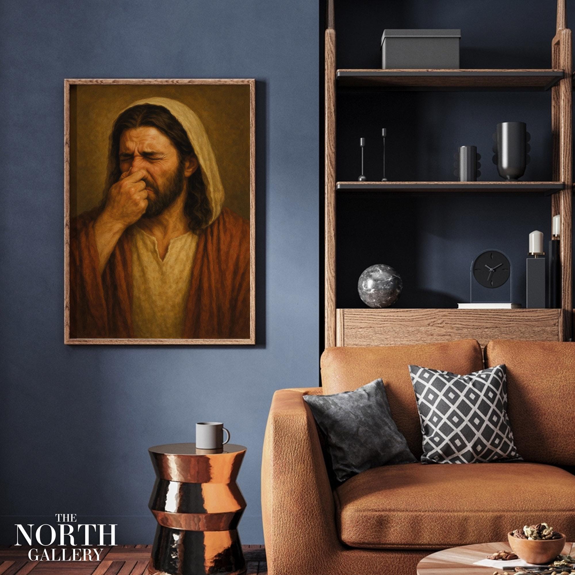 Funny Renaissance Style Wall Art – Classic Religious Figure Holding Nose Bathroom Poster – Weird Art Print, Funny Gift