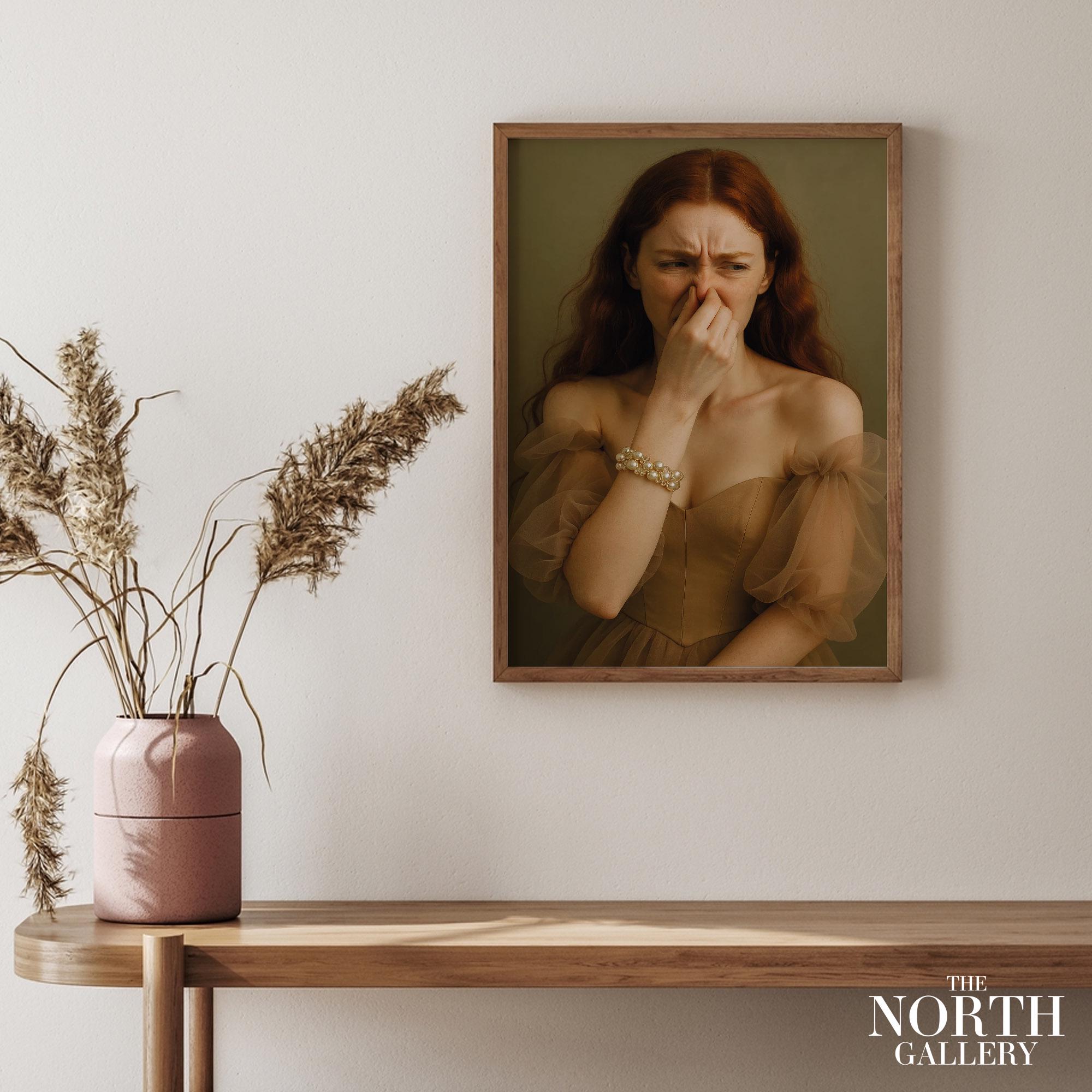 Funny Victorian Woman Holding Nose Bathroom Poster – Elegant Vintage Style Toilet Humor Wall Art – Quirky Bathroom Gift Print