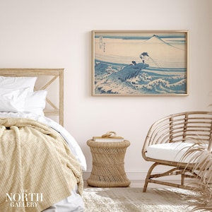 Pôster vintage de arte japonesa de Katsushika Hokusai, gravura em madeira de pescadores.