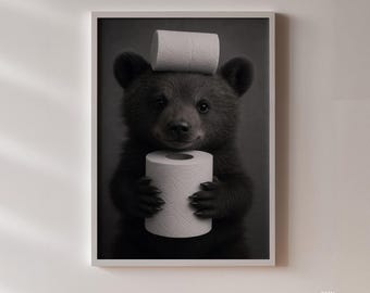 Funny Bear Bathroom Print | Black and White Animal Poster