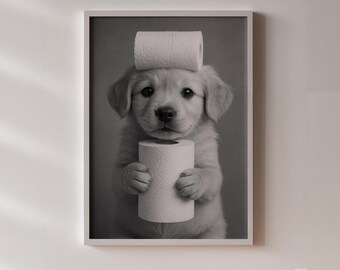 Impresión divertida de papel higiénico con cachorros / Póster de baño en blanco y negro