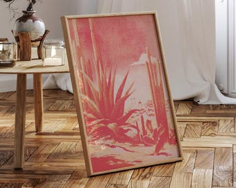 Stampa vintage di cactus del deserto, arte murale con paesaggio del sud-ovest