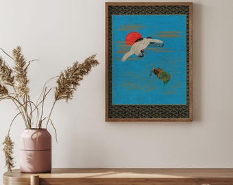 Japanese Crane Art Print, Sarus Crane, Turtle, Japandi Decor