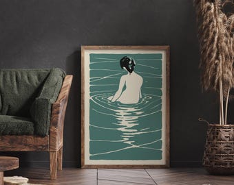 Vintage Japanese Woman Print, Bathing in Teal Waters, Asian Art