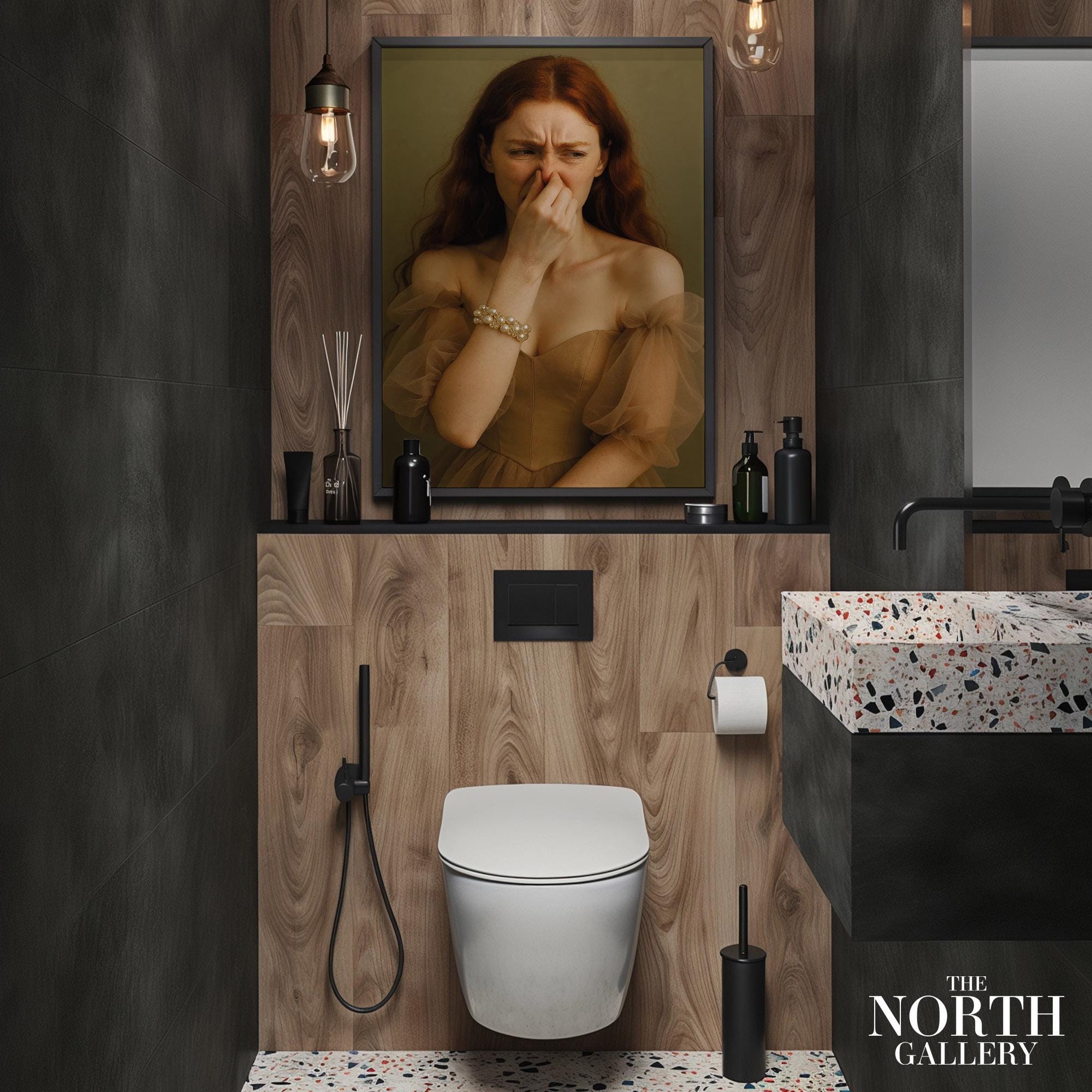 Funny Victorian Woman Holding Nose Bathroom Poster – Elegant Vintage Style Toilet Humor Wall Art – Quirky Bathroom Gift Print