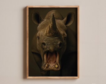 Roaring Rhino Art Print, Close-Up Open Mouth Safari Decor, Dynamic Black Rhinoceros Poster, Wildlife Photography Gift