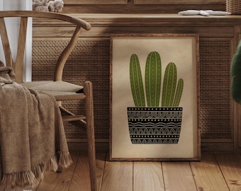 Minimal cactus wall art print with desert succulent illustration, boho southwestern home decor, rustic Mexican folk style poster