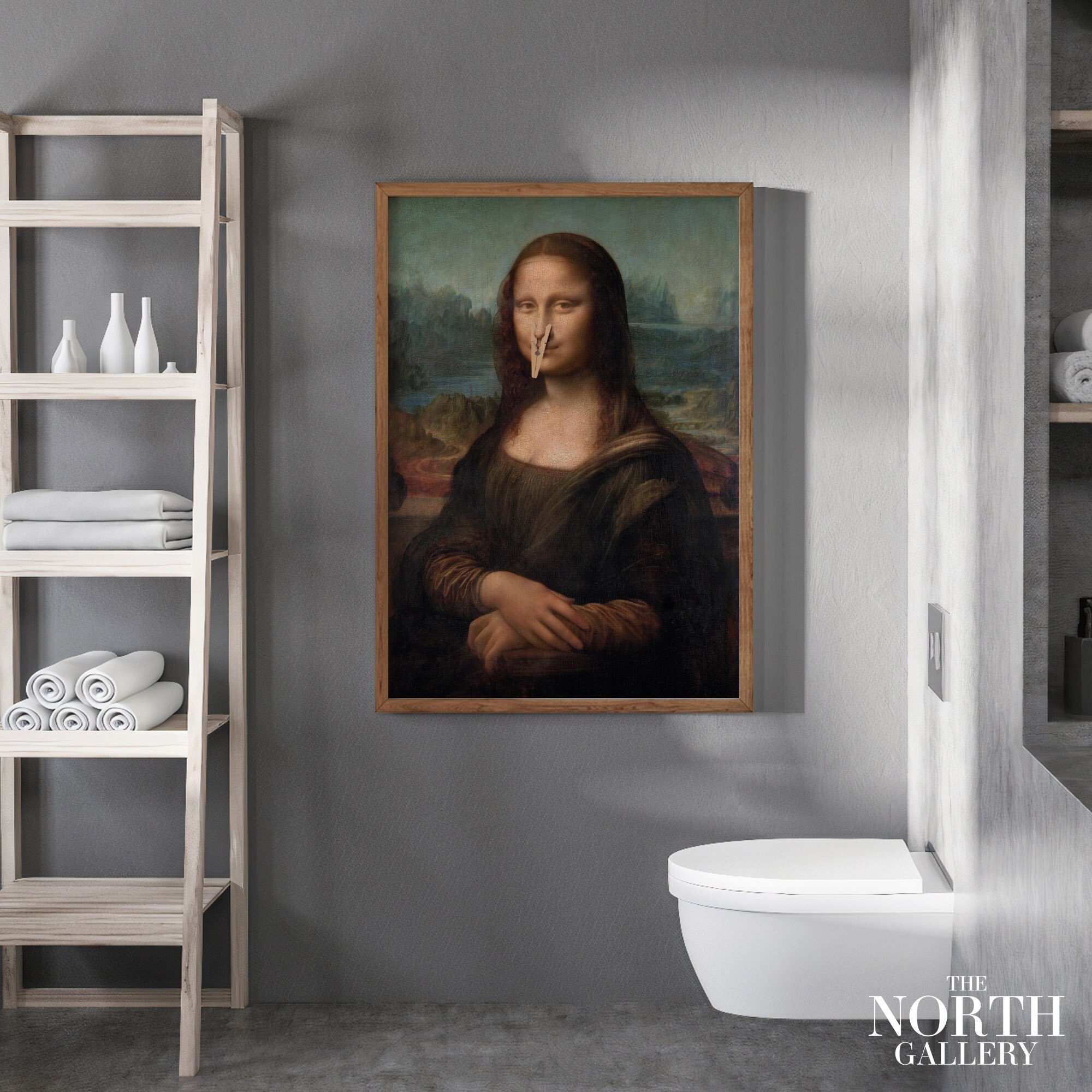 Funny Bathroom Wall Art, Toilet Humour Gift for Artist, Funny Bathroom Print Art, Mona Lisa Clothespin, Womans Bathroom Humor, Restroom Gift