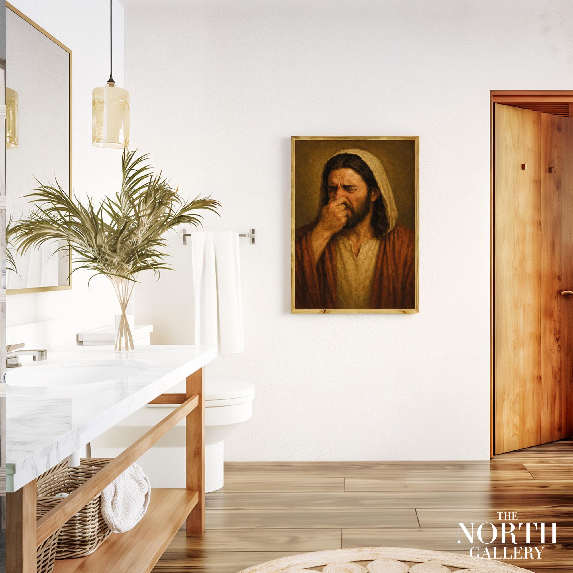 Funny Renaissance Style Wall Art – Classic Religious Figure Holding Nose Bathroom Poster – Weird Art Print, Funny Gift