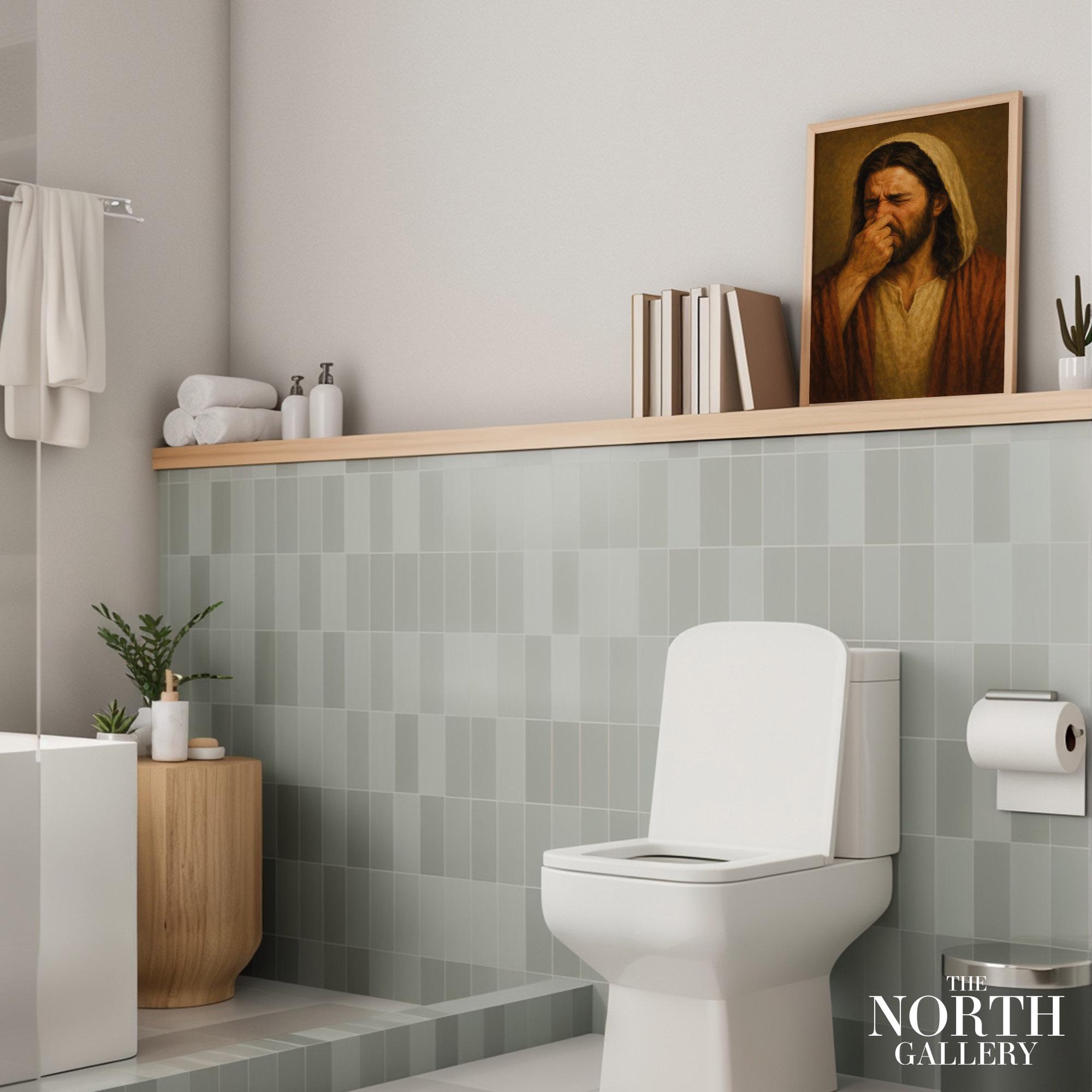 Funny Renaissance Style Wall Art – Classic Religious Figure Holding Nose Bathroom Poster – Weird Art Print, Funny Gift