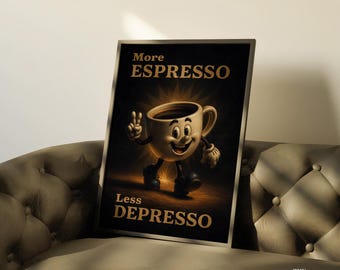 Espresso Less Depresso Print, Funny Coffee Poster, Retro Kitchen Decor