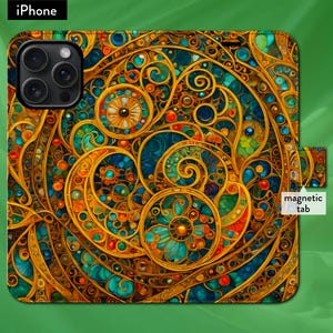 Funda tipo cartera con tapa y cierre magnético para iPhone 7, 8, X, 11, 12, SE, 13, 14, 15 y 16 con diseño Art Nouveau inspirado en Zentangle Klimt.