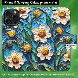 Margaritas inspiradas en Van Gogh, funda tipo cartera con tapa magnética para iPhone 7, 8, X, 11, 12, SE, 13, 14, 15 y 16. Arte floral impresionista.
