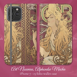 Art Nouveau, Alphonse Mucha - Job, capa carteira tipo carteira para iPhone, modelos Apple iPhone 7,8,X,11,12,SE,13,14,15
