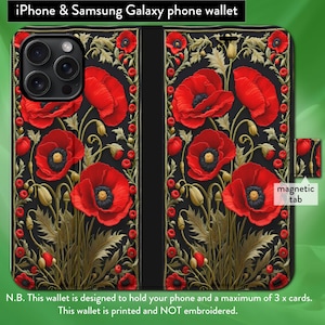 Funda tipo billetera con tapa tipo libro y cierre magnético con efecto bordado de tapices y amapolas de William Morris para iPhone 7, 8, X, 11, 12, SE, 13, 14, 15 y 16