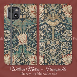 Funda tipo billetera con tapa para iPhone, diseño floral clásico Art Nouveau de William Morris Honeysuckle, modelos de iPhone de Apple 7, 8, X, 11, 12, SE, 13, 14, 15, 16