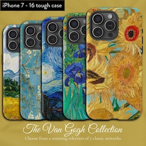 May include: A set of six iPhone 7 cases featuring different paintings by Vincent van Gogh. The cases are made of a tough material and have a variety of colors and designs. The text "The Van Gogh Collection" is displayed below the cases.