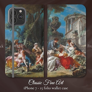 Rococó Fine Art, capa tipo carteira flip para iPhone, modelos Apple iPhone 7,8,X,11,12,SE,13,14,15, The Bird Catchers de François Boucher (1748)