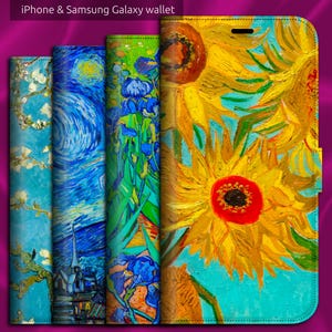 Van Gogh Impressionist Art x 7 Classic Paintings, iPhone 8,X,11,12,SE,13,14,15,16,17 Wallet Flip Folio iPhone Case with Magnetic Tab Closure