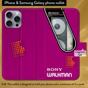 Funda tipo cartera con tapa tipo libro y cierre magnético para Walkman, estilo retro vintage, rosa y morado, para iPhone 7, 8, X, 11, 12, SE, 13, 14, 15 y 16.