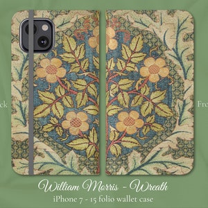 Funda tipo billetera con tapa para iPhone, diseño floral clásico Art Nouveau con corona de William Morris, modelos de iPhone 7, 8, X, 11, 12, SE, 13, 14, 15, 16 de Apple