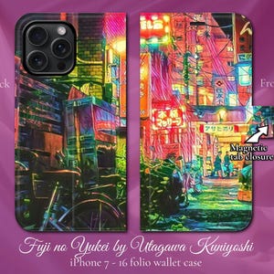 Funda tipo cartera con tapa magnética para iPhone, estilo manga anime japonés, con escena de neón en Tokio, para iPhone 7, 8, X, 11, 12, SE, 13, 14, 15 y 16