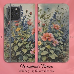 Flores del bosque floral acuarela bellas artes, iPhone Flip Folio Wallet Case, iPhone 7,8,X,11,12,SE,13,14,15, amapolas de regalo amante de la naturaleza