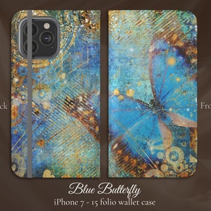 Pintura abstracta de bellas artes de mariposa azul, funda de billetera iPhone Flip Folio, iPhone 7,8,X,11,12,SE,13,14,15