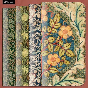 Selección de 8 diseños vintage de William Morris, funda tipo billetera con tapa para iPhone, modelos de iPhone de Apple 7, 8, X, 11, 12, SE, 13, 14, 15 y 16 Art Nouveau