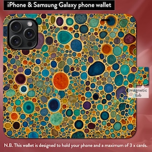 Funda tipo cartera con tapa y cierre magnético para iPhone 7, 8, X, 11, 12, SE, 13, 14, 15 y 16 con diseño abstracto Art Nouveau inspirado en Klimt.