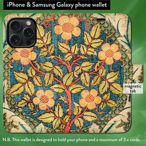 Funda tipo billetera con tapa tipo folio y cierre magnético con diseño floral clásico Art Nouveau de William Morris Wreath para iPhone 7, 8, X, 11, 12, SE, 13, 14, 15 y 16