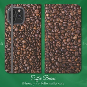 Ilustración de granos de café, funda tipo billetera iPhone Flip Folio, modelos de iPhone 7,8,X,11,12,SE,13,14,15, comida y bebida brillante y divertida para amantes del café
