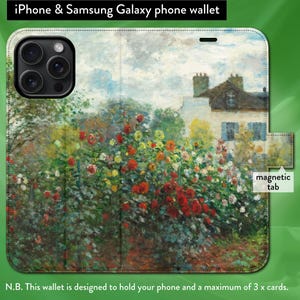 モネ作「アルジャントゥイユの庭」印象派アート、iPhone 7、8、X、11、12、SE、13、14、15、16 iPhone フリップフォリオウォレットケース、マグネットタブ開閉式