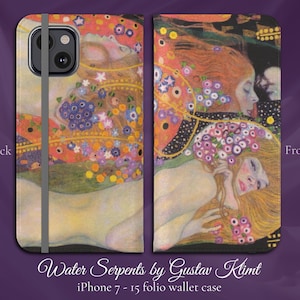 Water Serpents de Gustav Klimt, Classic Art Nouveau, capa tipo carteira flip para iPhone, modelos de iPhone 7,8,X,11,12,SE,13,14,15 Art Lover Gift